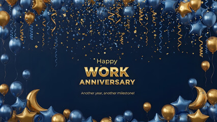 Festive blue and gold balloons confetti celebrate happy work anniversary with golden text