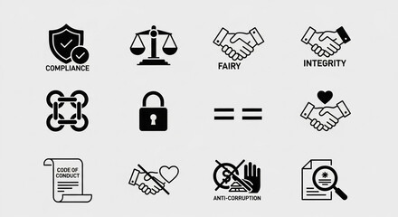 Essential corporate governance icons covering compliance, integrity, security, and anti-corruption for modern business reports