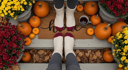 Cozy autumn welcome at the doorstep with pumpkins, mums, and warm socks, embracing the festive fall season at home
