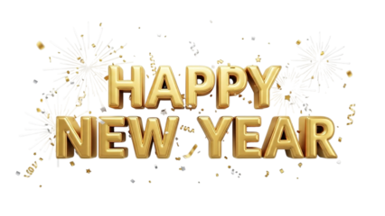 Elegant 3D Gold 'Happy New Year' Text with Metallic Gold and Silver Confetti and Subtle White Fireworks on a White Backdrop.
