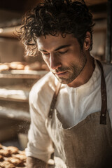 Obraz premium Baker with apron working hard in a bakery, preparing freshly baked goods.