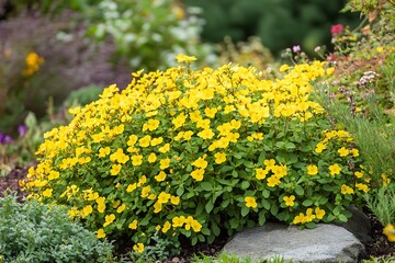 Mass of vivid yellow calceolaria blossoms in vibrant green foliage create a summery garden view