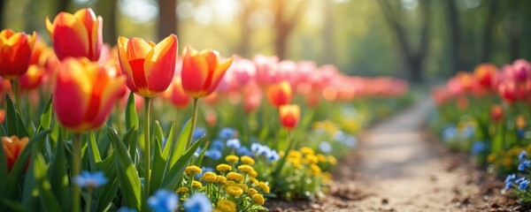 Obraz premium Vibrant red, yellow tulips blossom in sunny garden flowerbed. Colorful display of various blooms includes small blue, yellow flowers. Serene path leads through rich green park. Early spring season
