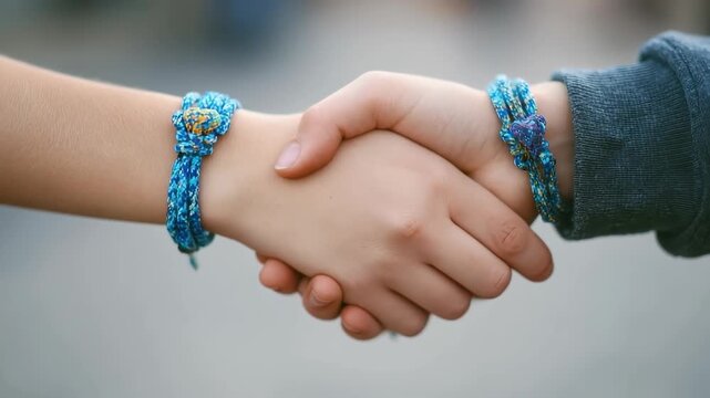 Hands shaking together display matching blue bracelets symbolizing friendship and connection in a warm, sunny outdoor setting