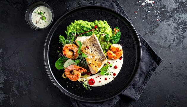 Elegantes Fischgericht &ndash; Gourmet-Lunch auf schwarzem Teller