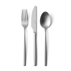 Silver fork knife and spoon arranged on a white background