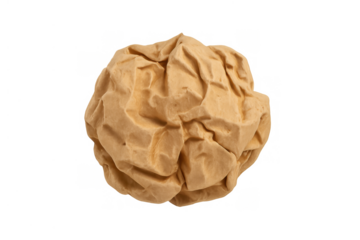 Crumpled brown paper ball representing a discarded idea, mistake, or creative block, isolated with transparent background