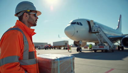 Airport employee carry parcel at runway. Worker wears safety helmet and orange jacket. Airplane standing on background in bright sunlight. Man works on logistics and parcel delivery.