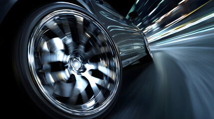 Sport car driving at high speed on road at night