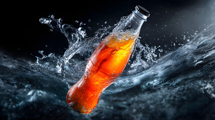 Orange soda bottle splashing into refreshingly cool water