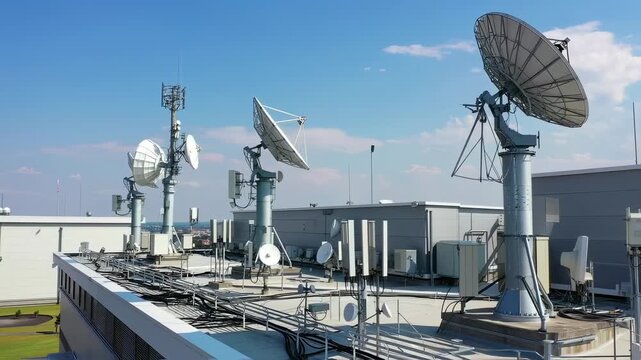 Rooftop telecommunication infrastructure under a bright sky. Various antennas and dishes