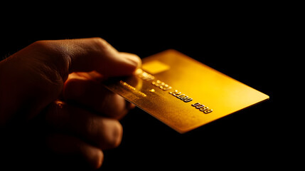 Hand holding golden credit card for secure payment