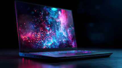 Gaming laptop screen displaying vibrant abstract nebula