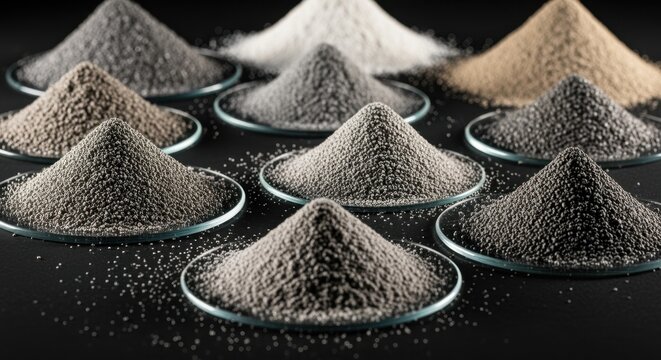 Collection of metal powders in various particle sizes used as feedstock in powderbed additive manufacturing of cryogenic fuel valves.