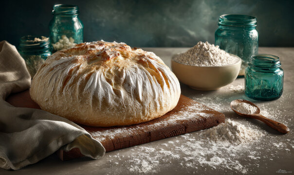 A rustic loaf of bread sits on a wooden cutting board dusted with flour.