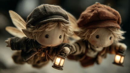Fototapeta premium Cute Little Forest Elves with Lanterns in a Magical Night Scene