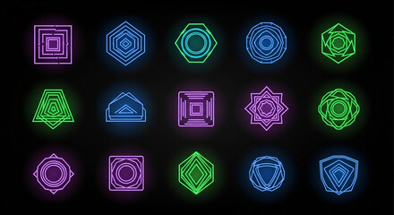 Stunning collection of vibrant neon geometric symbols glowing against a dark futuristic background for technology design