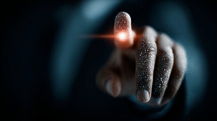 Futuristic finger pressing illuminated digital data points, symbolizing advanced technology, innovation, and secure access in a modern, high-tech world.