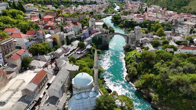 Video of Mostar, Old bridge, Bell Tower, The river and mosques. Taken with my drone