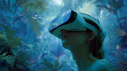 Woman experiencing virtual reality metaverse future technology