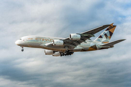 A6-APF Etihad Airways Airbus a380 Landing in London Heathrow International Airport. England.