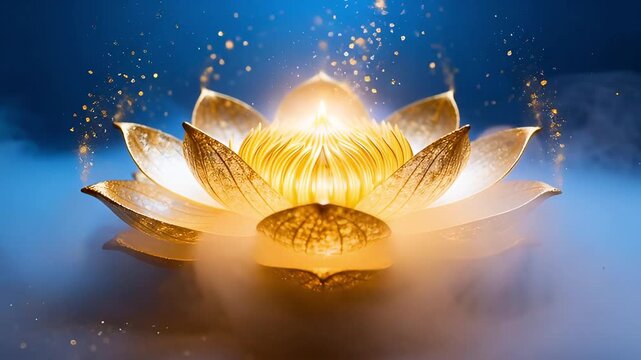 Golden Lotus Flower Blooming with Light and Sparkling Particles in Video