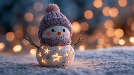 A warm light emanates from a cheerful star-shaped snowman in a winter scene