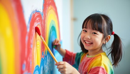 Smiling Asian little girl paints bright rainbow on white wall. Happy child holds paintbrush, enjoys creative art activity. Kid learns colors, drawing, expresses imagination during playtime. Cheerful