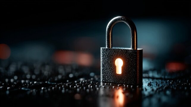 Gleaming metallic padlock with illuminated keyhole rests on a textured surface, symbolizing robust digital security and data protection in a modern technological landscape. - Powered by Adobe