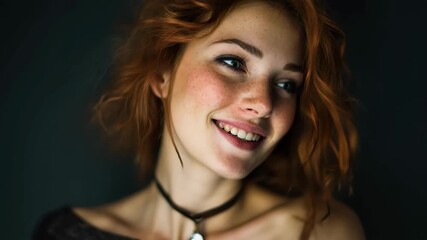 Confident woman smiling with curly red hair and freckles, showcasing her vibrant personality against a dark background
