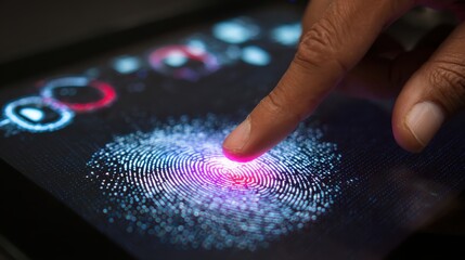 Close-Up of Finger Touching Digital Fingerprint Sensor Display on Tablet Device with Colorful Light Patterns and Data Visualization Background