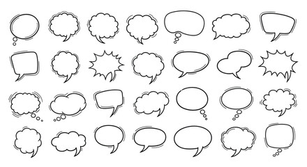 Fototapeta premium Collection of hand drawn speech bubbles and thought bubbles with varied shapes and styles.