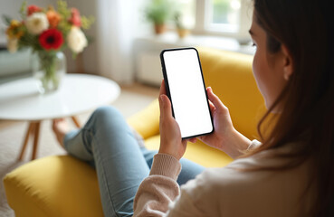 Young woman holds modern smartphone with blank white screen. Rests on comfortable yellow sofa in bright living room. Female person uses new mobile tech at home, relaxes on couch, browsing digital