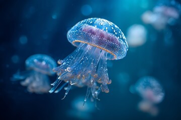 Conceptual image of a beautiful glowing jellyfish swimming in deep blue water, illuminated by ethereal light, creating a stunning underwater scene with bokeh effects and vibrant colors.