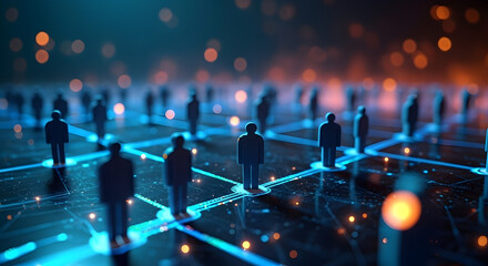 Abstract representation of a digital network with connected human figures and glowing data lines, symbolizing global communication and social interaction.