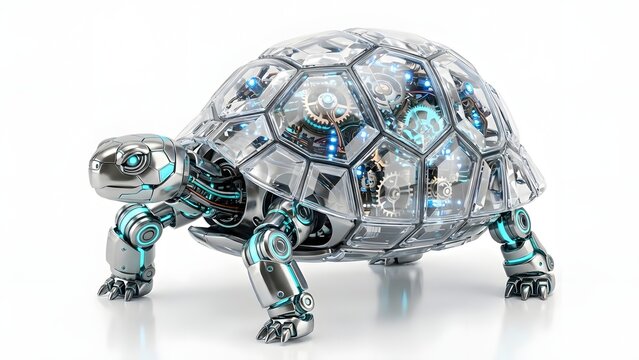 Futuristic robotic tortoise with intricate mechanical details on a white background