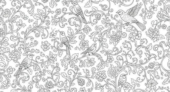 Seamless black and white floral pattern with birds and ornate scrolling vines.