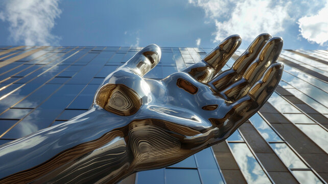 Mano met&aacute;lica y edificio de oficinas