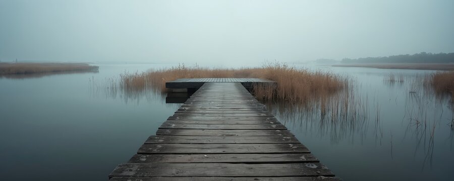 Wooden pier juts into calm lake water with dry reeds. Misty sky hangs over a quiet Danish coast, reflecting muted tones on the still surface. - Powered by Adobe