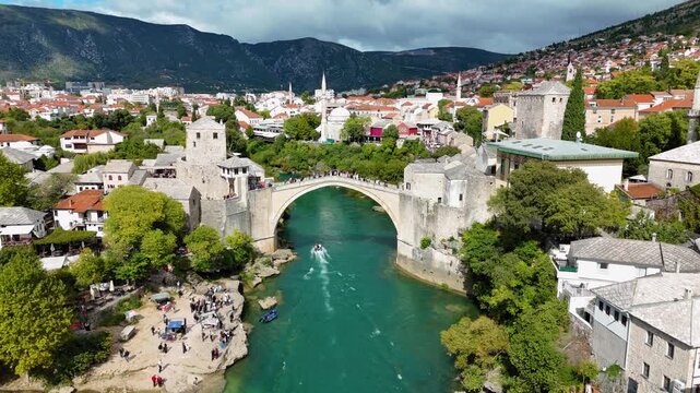 Video of Mostar, Old bridge, Bell Tower, The river and mosques. Taken with my drone