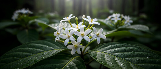 wallpaper 21:9, Small White Flowers with Dark Green Textured Leaves in Nature
