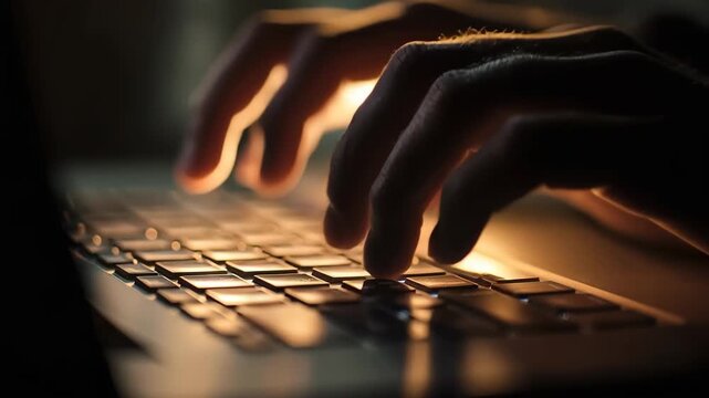 Close up of hands typing on a laptop during a late-night coding session in a dimly lit room focusing on creating innovative software solutions