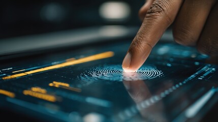 Close-up of a Finger Touching a Digital Screen with a Fingerprint Scanner Interface Displaying Biometric Security Technology
