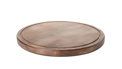 A round wooden board with a raised edge and a flat surface is centered in the frame on a plain white background isolated on white