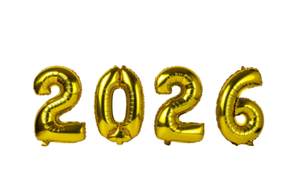 Golden foil balloons spelling out the year 2026 are arranged in a horizontal line against a bright white space no background