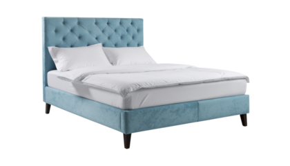 Light blue upholstered bed with a tufted headboard, white sheets, pillows, and a duvet, on dark legs no background