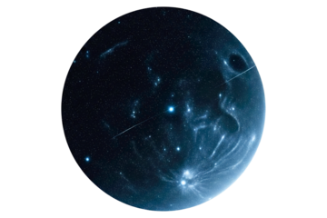 Circular deep blue space with bright stars and meteors isolated on a transparent background