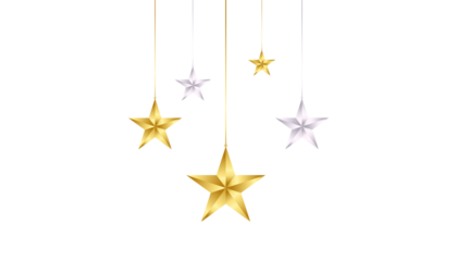 Golden star and silver star hanging on transparent background for Christmas, New year, Eid decoration. Png gold star for holiday decoration 
