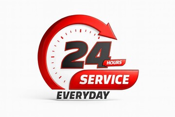 Red and white 24 hour service everyday clock icon symbol representing continuous availability and support