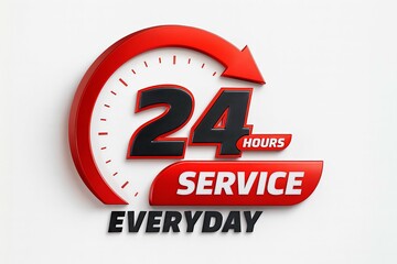 Red 24 hours service everyday emblem with clock face and text on white background